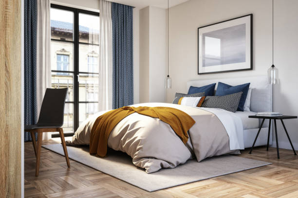 Modern bedroom interior - stock photo Modern interior of bedroom with beige, blue and yellow colors, 3d render bedding stock pictures, royalty-free photos & images