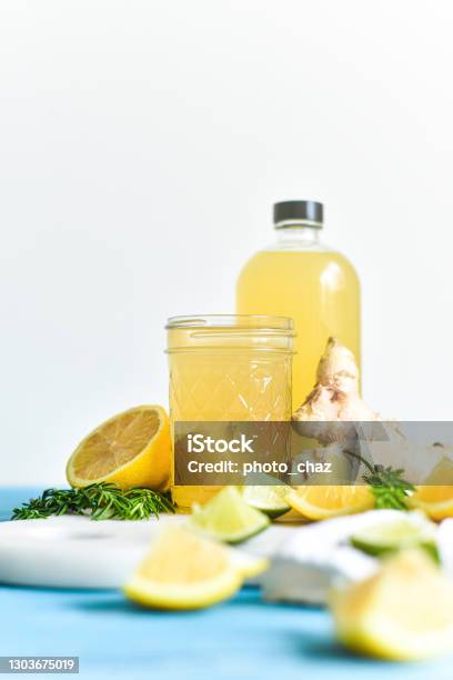 Homemade Kombucha In A Glass Cup Stock Photo - Download Image Now - Kombucha, Ginger - Spice, Lemon - Fruit
