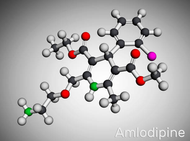 Amlodipine molecule. It is vasodilator, antihypertensive drug group of dihydropyridine calcium channel blockers. Used in the treatment of high blood pressure, angina. Molecular model. 3D rendering. Illustration molécula de amlodipino. es vasodilatador, grupo de fármacos antihipertensivos de bloqueadores de canales de calcio dihidroopírricos. se utiliza en el tratamiento de la presión arterial alta, angina de pecho. modelo molecular. renderizado 3d