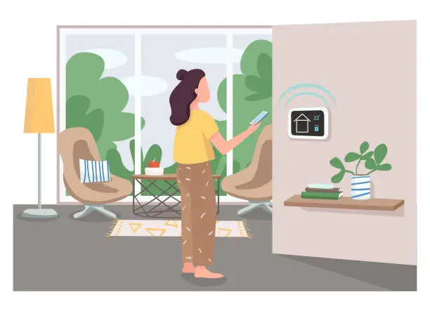 Vector illustration of Girl using smart home management panel flat color vector faceless character. Innovative house control system. IOT technology control cartoon illustration for web graphic design and animation