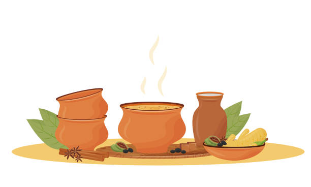 ilustraciones, imágenes clip art, dibujos animados e iconos de stock de té masala caliente en la ilustración vectorial de dibujos animados bowl. bebida tradicional india, mezcla picante aromática objeto de color plano. bebida de restaurante, servida chaiwala aislada sobre fondo blanco - cinnamon ground spice single object