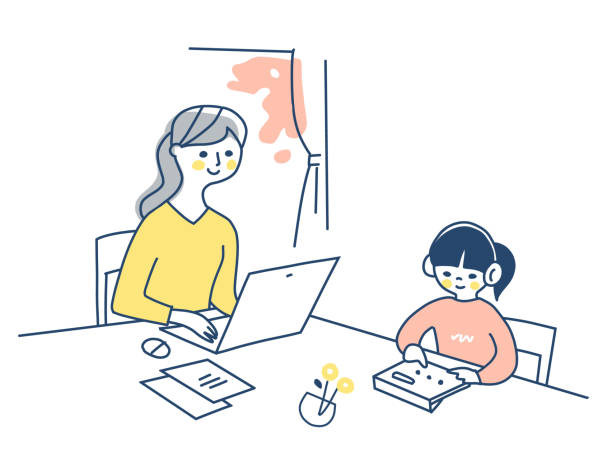 テレワークをしている母親と一緒に勉強している女の子 - 日本人　親子点のイラスト素材／クリップアート素材／マンガ素材／アイコン素材