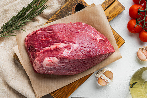 Beef cut  raw set, on wooden cutting board, on white background