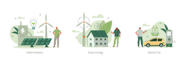 green energy Modern Eco Private House with Windmills and Solar Energy Panels, Electric Car near Charging Station, Green Industrial Factory with Renewable Energy.  Flat Isometric Vector Illustration and Icons Set. clean energy stock illustrations