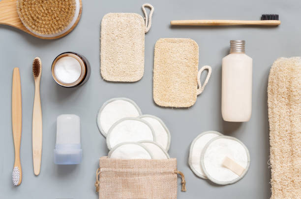 istock Top view of different hygiene and beauty items on grey background. 1303682609