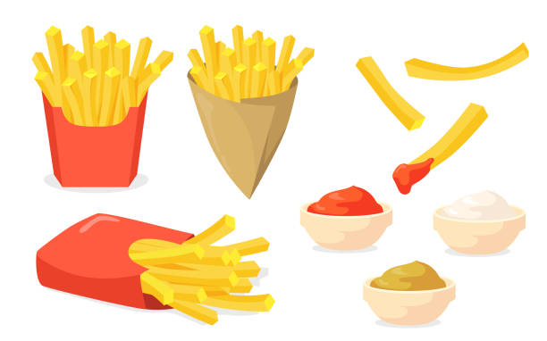 набор картофель фри - appetizer bowl potato chip condiment stock illustrations