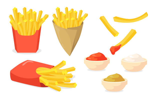 French fries set French fries set. Potato sticks in paper cones, ketchup, mayo, mustard sauces isolated on white. Vector illustration for fast food snack, street food concept french fries stock illustrations