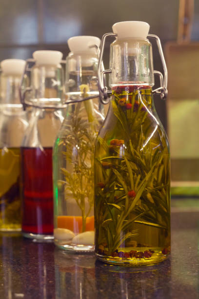 Bottles of olive oil with various additives.
