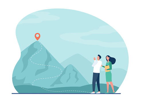 Couple of business colleagues on start of mountain climbing. Itinerary, route on top, trekking. Flat vector illustration. Challenge, goal concept for banner, website design or landing web page