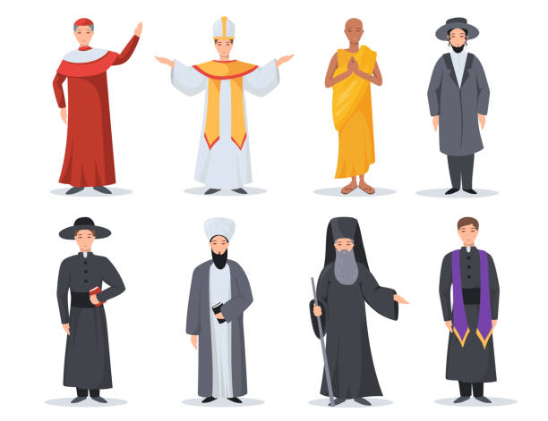 Religion ministers set Religion ministers set. Christian pastor, Orthodox Jew, Muslim, Catholic priest, pope, Buddhist, monk isolated on white. Vector illustration for confession, belief, culture, churchman concept cardinal clergy stock illustrations