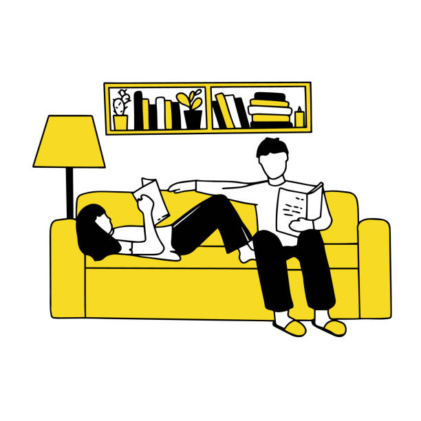 ein junges paar sitzt auf der couch im wohnzimmer. sie lesen papierbücher. liebe und beziehungen. lernen zu hause, familienaktivitäten zusammen. linienkunst, vektor-illustration - newspaper doodle the media line art stock-grafiken, -clipart, -cartoons und -symbole