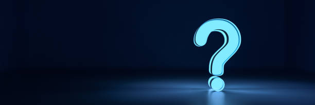 Blue glowing question mark on dark background with empty copy space on left side, FAQ Concept stock photo