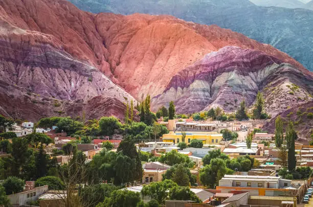 Stock photo of the colored hills and mountains in Purmamarca village , Jujuy, Argentina. Landscape