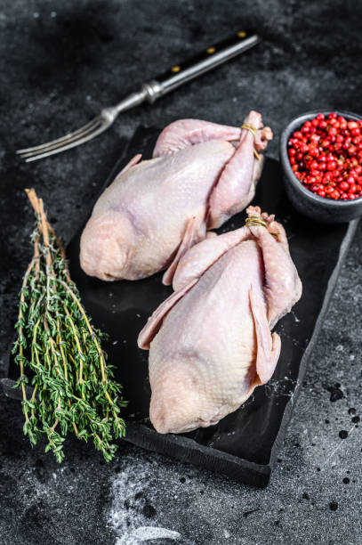 istock Farm eco friendly raw quails ready for cooking. Black background. Top view 1303687231