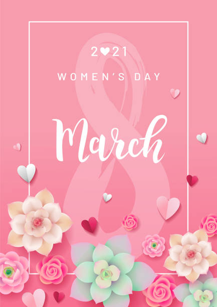 ilustrações de stock, clip art, desenhos animados e ícones de greeting card or poster design for women's day 2021. handwriting march and 8 in frame on pink background. flowers and paper hearts on pink background. - vector illustration - pink background frame femininity pink