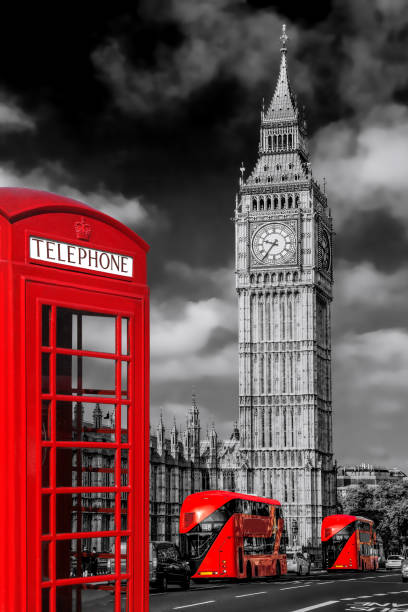 london symbols with big ben, double decker buses and red phone booth in england, uk - big ben london england uk double decker bus imagens e fotografias de stock