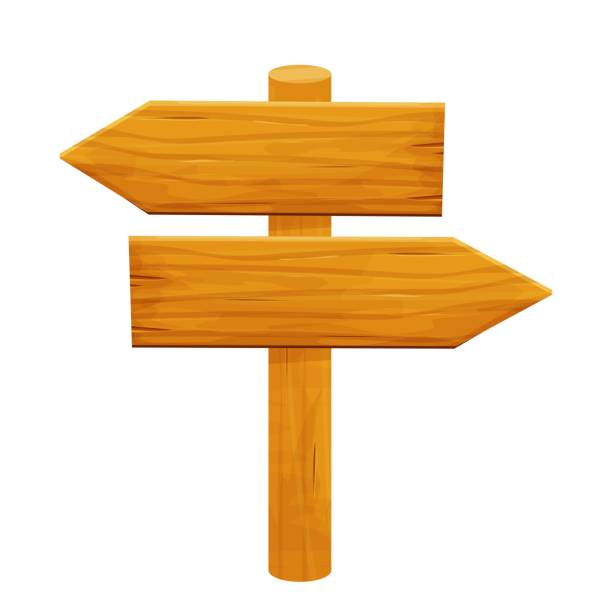 istock Wood signpost, pointing with direction in cartoon style isolated on white background. Wild west, ui assets design. Empty plank, banner with arrow detailed and textured. 1303691186