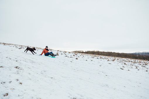 A mature caucasian man wearing warm winter clothing and accessories in a snowy, rural, outdoor setting. He is having fun sledding down a snowy hill while his brown Labrador Retriever chases after them.