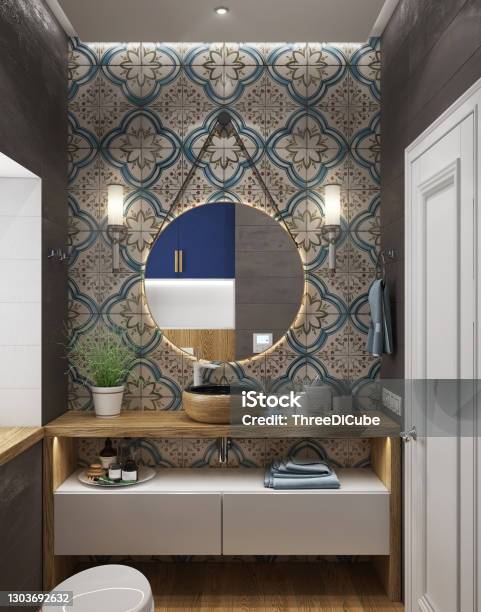 Contemporary Bathroom Design Ideas 3d Render Stock Photo - Download Image Now - Bathroom, Wallpaper - Decor, Backgrounds