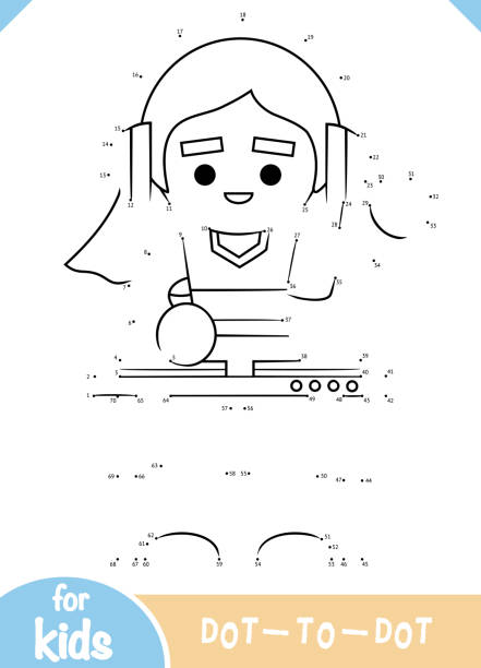 ilustrações, clipart, desenhos animados e ícones de jogo de números, ponto a ponto jogo para crianças, dj girl em fones de ouvido e console de mixagem - connect the dots audio