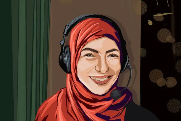 Vector illustration of Woman with hijab working as a freelancer
