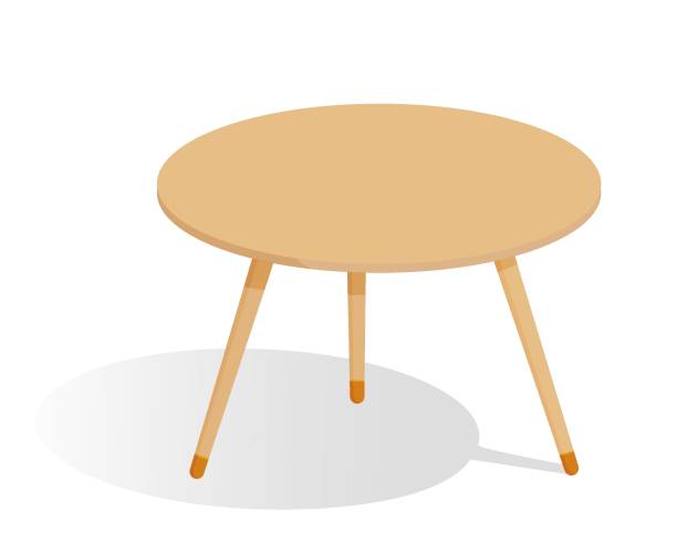 istock Wooden coffee table with three legs with shadow, cartoon. Isolated color object on a white. 1303694089