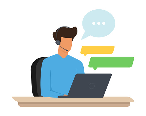 Online customer service concept. Operator of call center office consulting a client. Customer support department staff. Flat vector illustration isolated on white background.