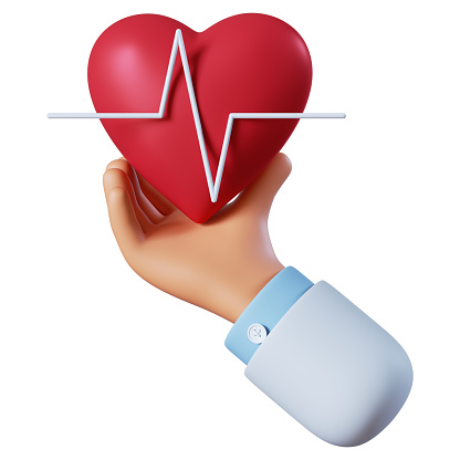 3d render. Medical heart rate icon. Doctor or cardiologist cartoon hand holding heart with chart line. Healthcare illustration. Cardiogram clip art isolated on white background.
