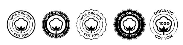 ilustraciones, imágenes clip art, dibujos animados e iconos de stock de algodón orgánico 100 iconos, logotipo de flor de algodón para sellos ecológicos naturales y bio vectoriales en tejidos textiles y certificado de cosméticos para el cuidado de la piel - cotton smooth green plant