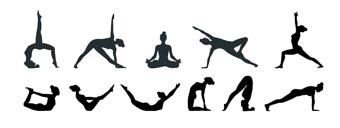 Yoga poses silhouette set. Woman practicing meditation and stretching. Healthy lifestyle concept. Isolated on white vector illustration.
