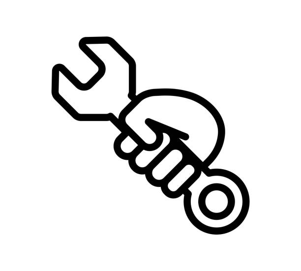 hand and wrench Technical support icon in outline design. hand wrench stock illustrations