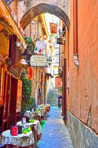 typical restaurants with outdoor tables in the alleys of the historic center September 30 2018 Sorrento Italy