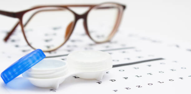 istock Contact lenses case and eye glasses 1303705883
