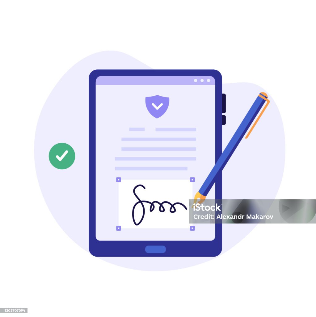 Businessman signing contract with digital pen on phone. Digital signature, business contract, electronic contract, e-signature concept. Vector illustration in flat design for web banner, mobile app Electronic Signature stock vector