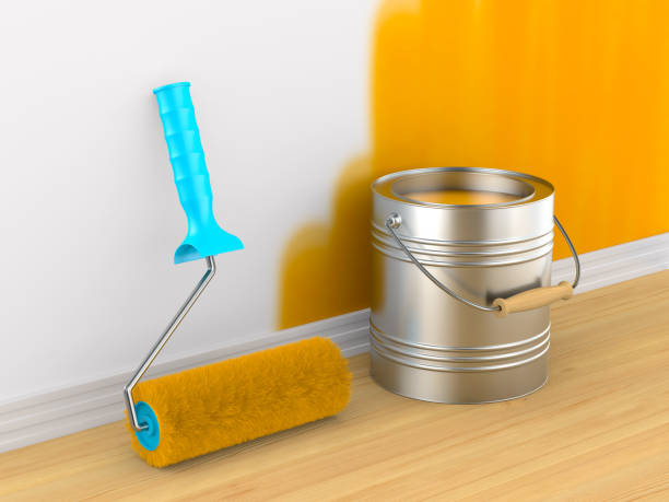 istock Painting of wall. Roller brush and can. 3D illustration 1303707404