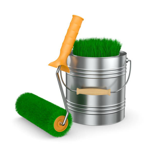 istock roller brush and grass into can on white background. Isolated 3D illustration 1303707405