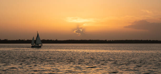 voilier sur la rivière de crainte de cap en caroline du nord au coucher du soleil. - cape fear photos et images de collection