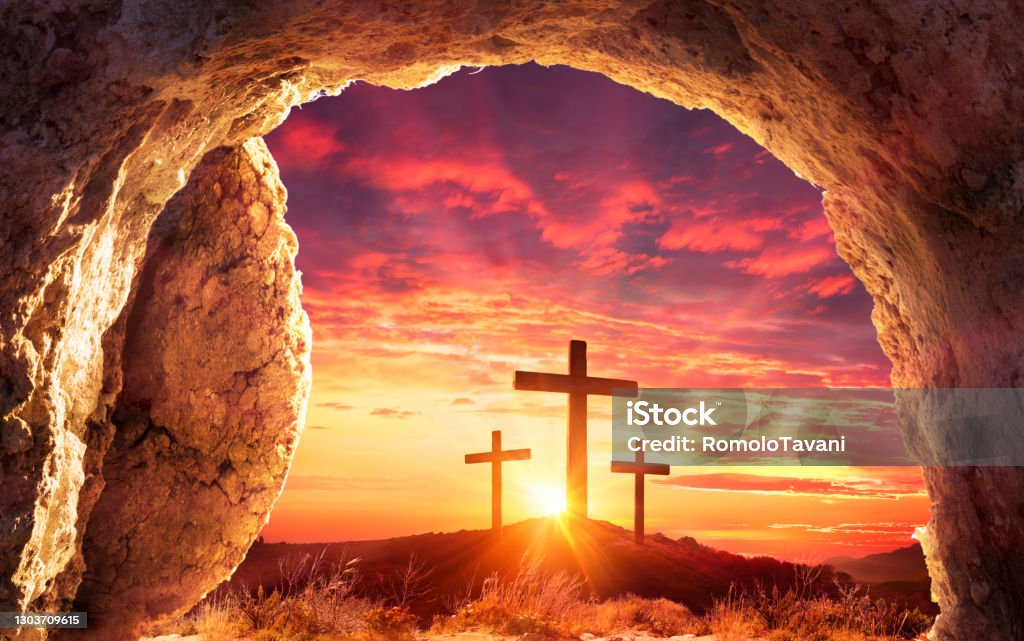 Resurrection Concept - Empty Tomb With Three Crosses On Hill At Sunrise Resurrection - Rolled Stone With Three Crosses On Hill At Sunrise Easter Stock Photo