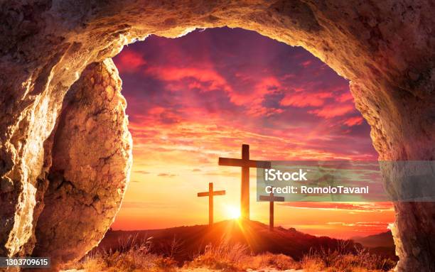 Resurrection Concept Empty Tomb With Three Crosses On Hill At Sunrise Stock Photo - Download Image Now