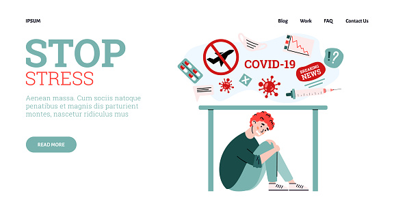 Stop stress website banner with man stressed of pandemic news hiding under table, cartoon vector illustration on white background. Overloading of coronavirus information.