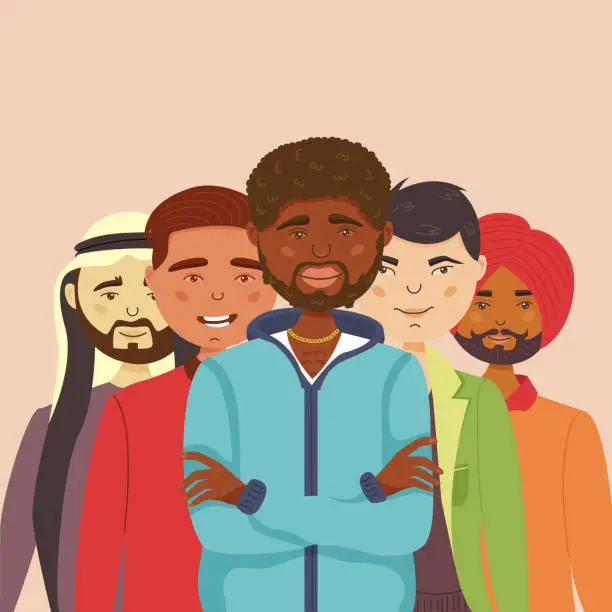 Vector illustration of Men of different nationalities stand together