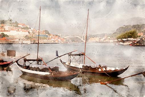 Watercolor of Rabelos Boat in Porto, Portugal