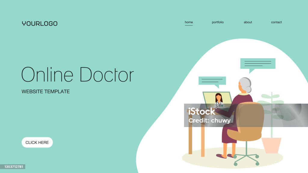 Online doctor Online doctor senior woman concept website template. Elements distributed in different layers for easy edition. Senior Adult stock vector