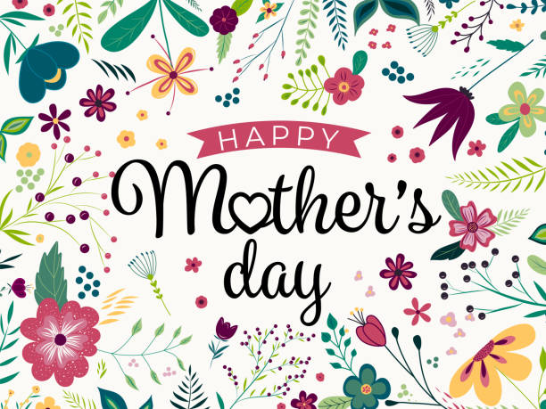 Happy Mothers Day. Elegant greeting card design with stylish text Mother's Day on colorful hand draw flowers decorated background Happy Mothers Day. Elegant greeting card design with stylish text Mother's Day on colorful hand draw flowers decorated background happy mothers day stock illustrations