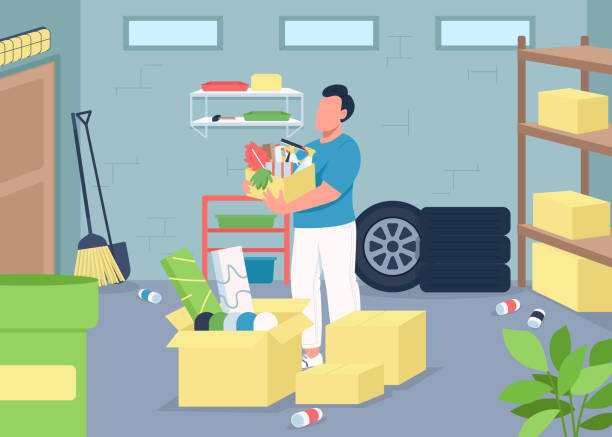 illustrazioni stock, clip art, cartoni animati e icone di tendenza di illustrazione vettoriale a colori piatti per la pulizia del garage - garage