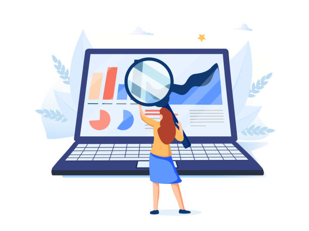 Woman looking at indicators on laptop screen through magnifying glass. Concept of PÐ¡ performance or computer system. Woman looking at indicators on laptop screen through magnifying glass. Concept of PÐ¡ performance or computer system monitoring software. Modern flat colorful vector illustration for banner, poster. electronic discovery stock illustrations