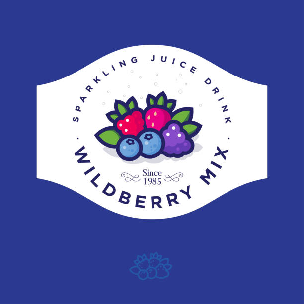 Label for Wild berry Mix. Sticker for sparkling juice drink with different berries, leaves and letters in a circle. Original berries illustration. dewberry stock illustrations