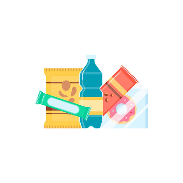 haufen von verpackten lebensmitteln und snacks flache vektor-illustration isoliert auf weiß. - packaged food stock-grafiken, -clipart, -cartoons und -symbole