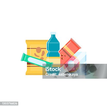 istock Heap of packaged food and snacks flat vector illustration isolated on white. 1303716826