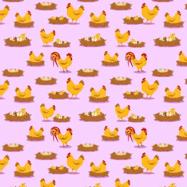 Vector illustration of vector pattern on the theme of poultry on the farm. The birth of chickens from the appearance of eggs to hatching from them. Illustration for children's textiles and happy Easter